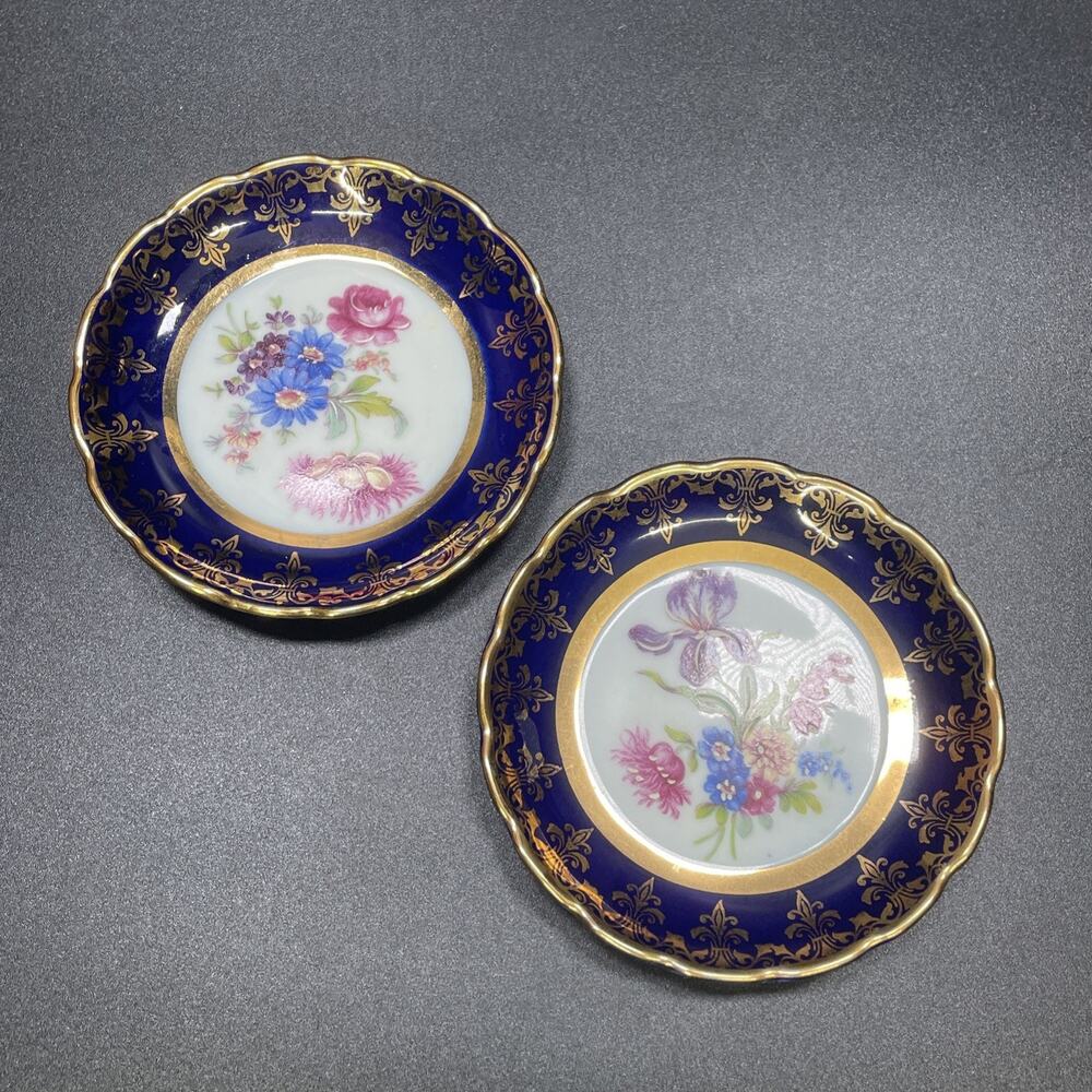 2pc Vintage Limoges France Cobalt Blue Cabinet Plates Floral Gold Gilt 3.75”